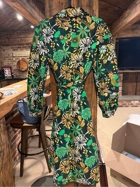 INC International Concepts Green Floral Long Sleeve Dress with Yellow Accents